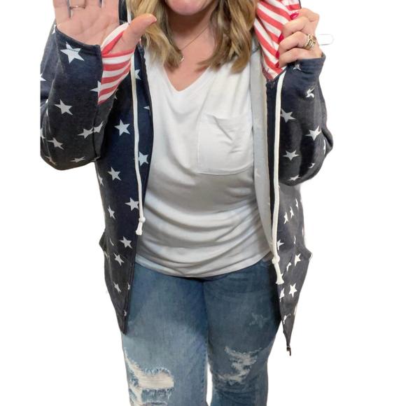 NEW MICHELLE MAE stars and stripes zip up hoodie in blue - Picture 3 of 5